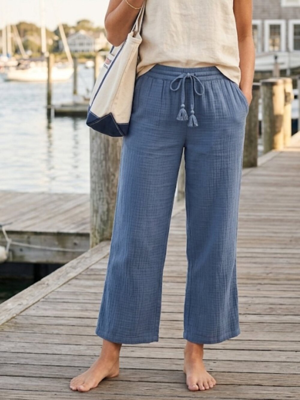 NWT Vineyard Vines Double Gauze Pull On Pants Moonshine Blue Coastal Soft Size L